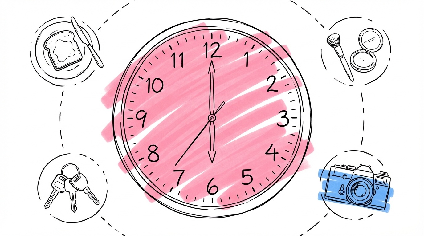 Illustration av väggklocka omgiven av vinjetter av bröllopsförberedelser: frukost, makeupborste, kamera och bilnycklar