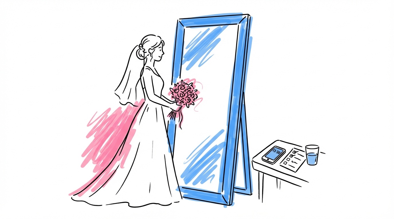 Illustration av brud vid helfigursspegel med bukett, telefon som visar 13:30, checklista och vattenglas
