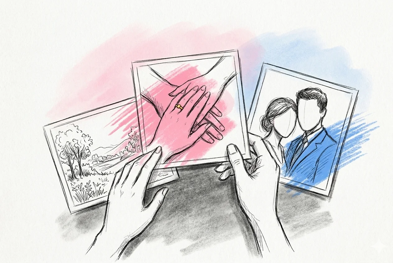 Tre lösa fotografier utspridda på ett bord: ett närporträtt av två personer, två händer med en ring och en liten landskapsplats, med två händer som sorterar mellan dem, i Lovios rosa och blå illustrationsstil