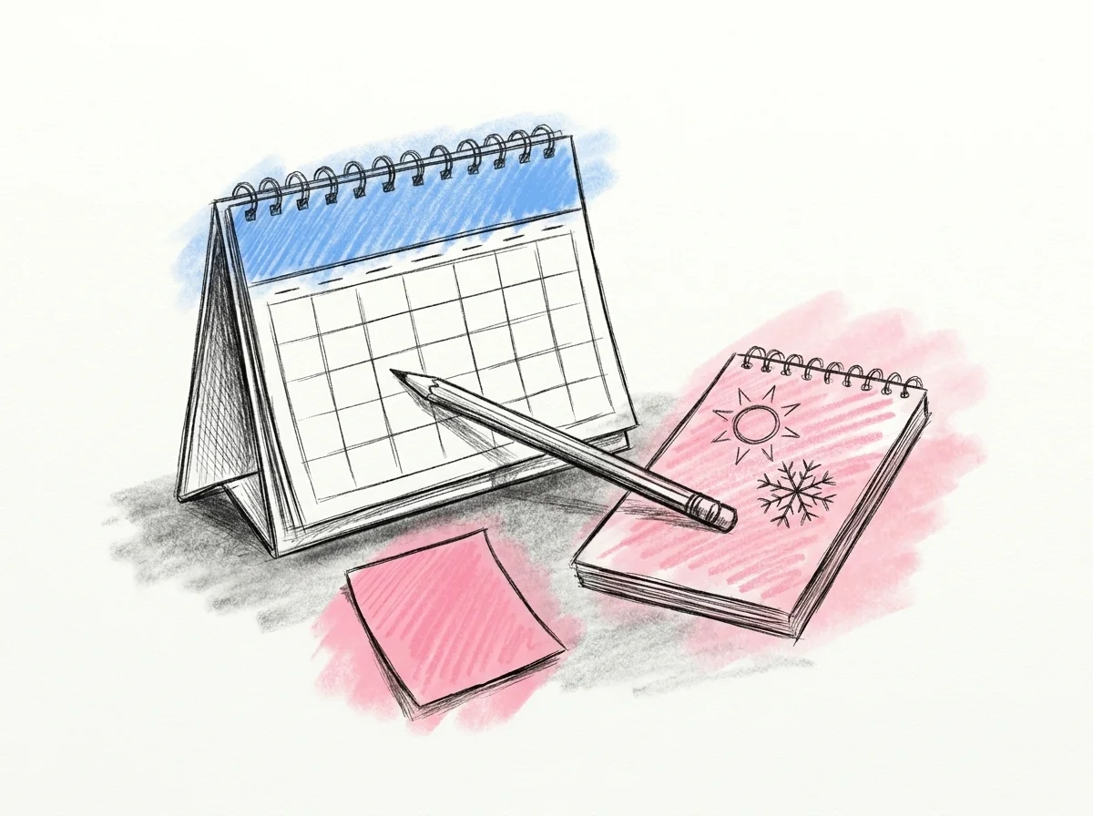 Skrivbordskalender utan inringat datum med en penna på, bredvid ett litet anteckningsblock med en solskiss och en snöflinga och en klisterlapp, i Lovios rosa och blå illustrationsstil