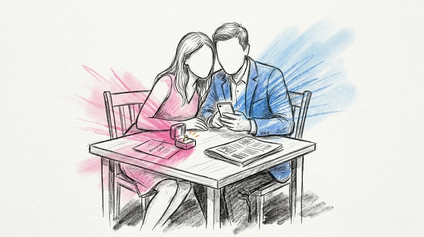 Ett par tätt intill varandra där den ena håller en mobil och den andra läser över axeln, med en ringask, ett kort och en tidning på bordet, i Lovios rosa och blå illustrationsstil
