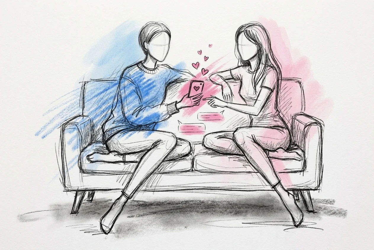 Två personer i en soffa som tittar på en mobil mellan sig med ett fotoinlägg och ett hjärta på skärmen, små hjärtan och kommentarsbubblor runt omkring, i Lovios rosa och blå illustrationsstil