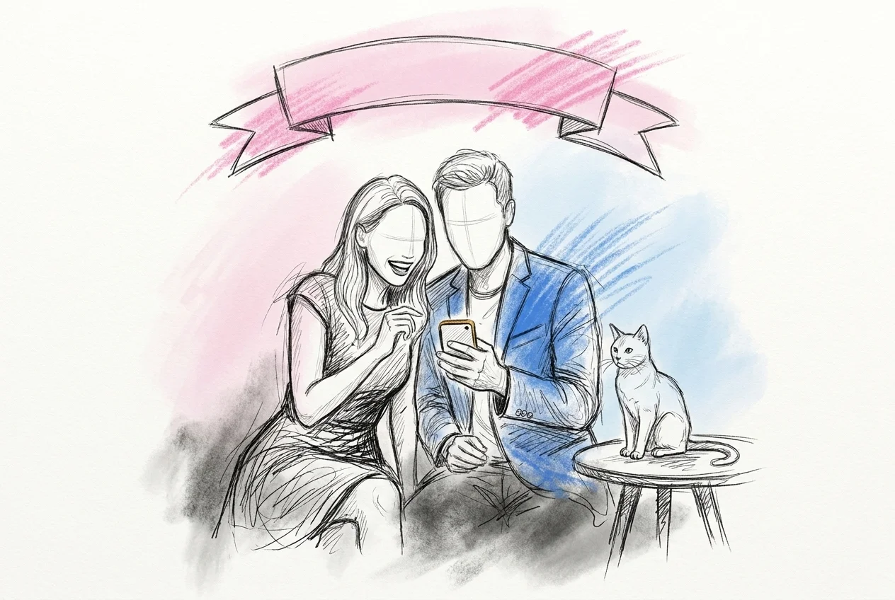 Ett par som skrattar åt en mobil medan en katt sitter oberörd på bordet bredvid, med en liten nyhetsbanner utan text, i Lovios rosa och blå illustrationsstil