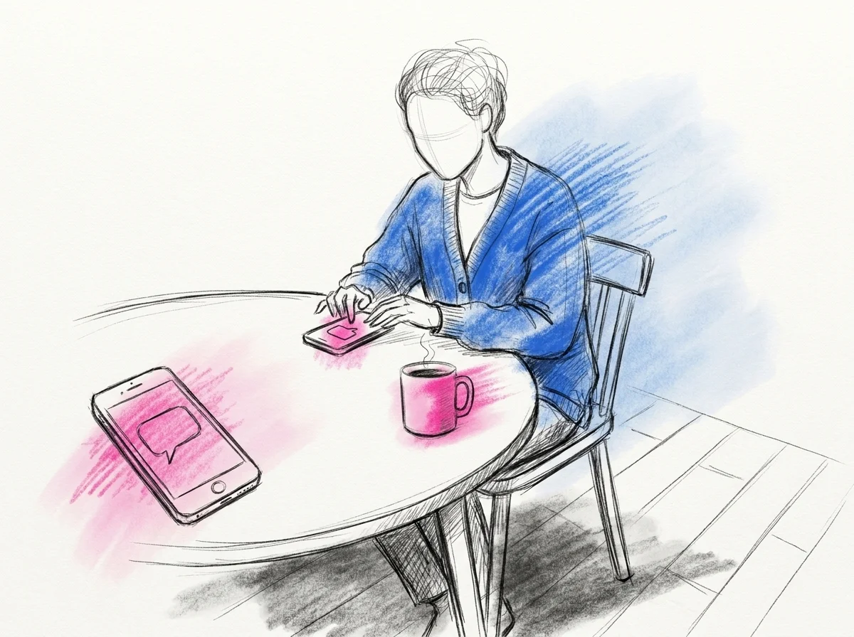 Person vid ett köksbord som skriver ett meddelande på mobilen med en mugg bredvid, och en andra mobil som lyser upp med en inkommande meddelandebubbla, i Lovios rosa och blå illustrationsstil