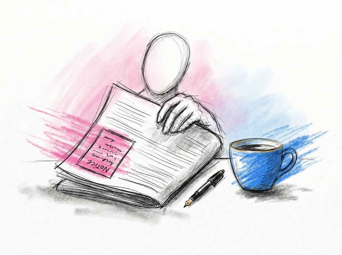 Nyhetstidning uppslagen med en liten inramad notis på en sida, en penna och en kaffekopp bredvid, i Lovios rosa och blå illustrationsstil