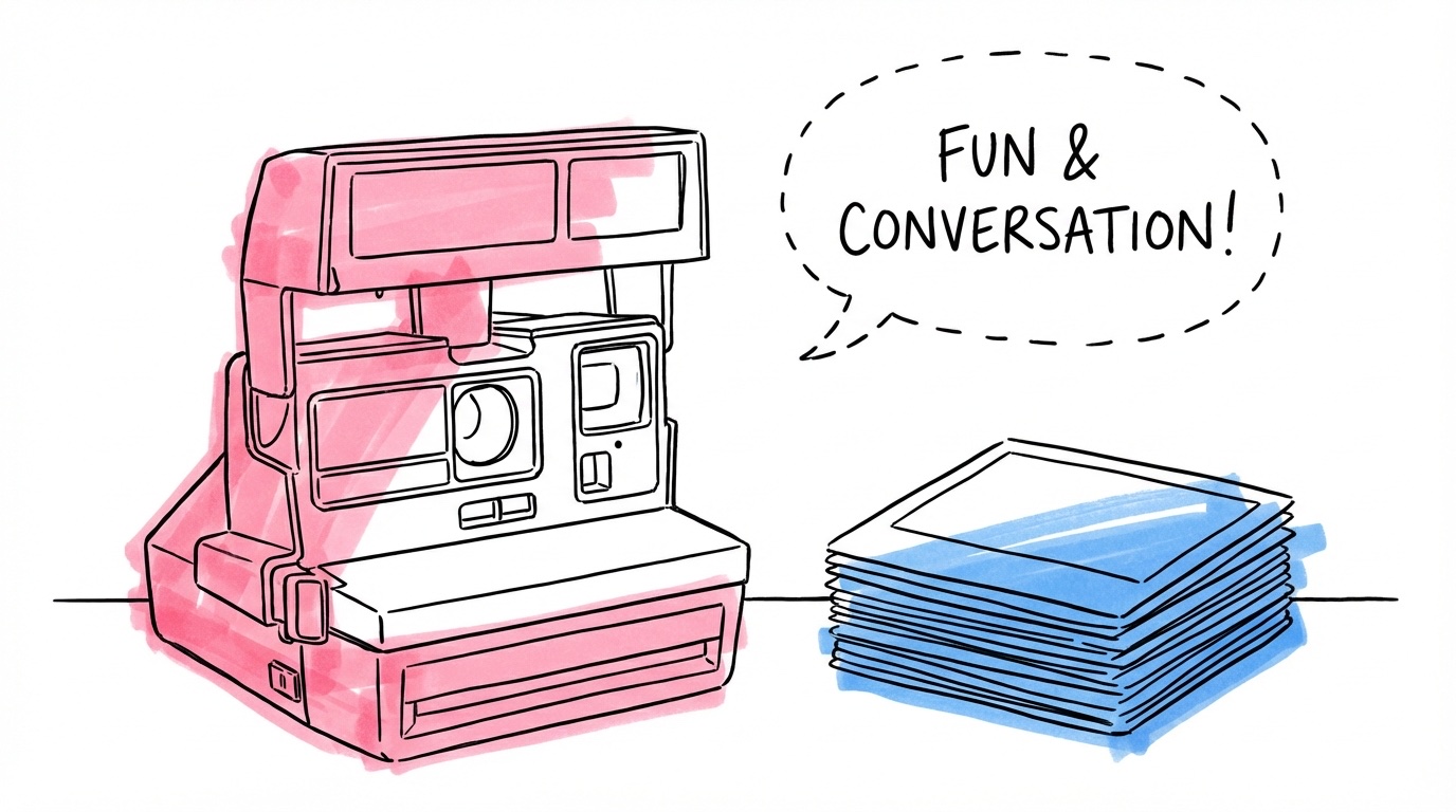 Polaroidkamera och kortlek — lättsamma aktiviteter för förlovningsfesten