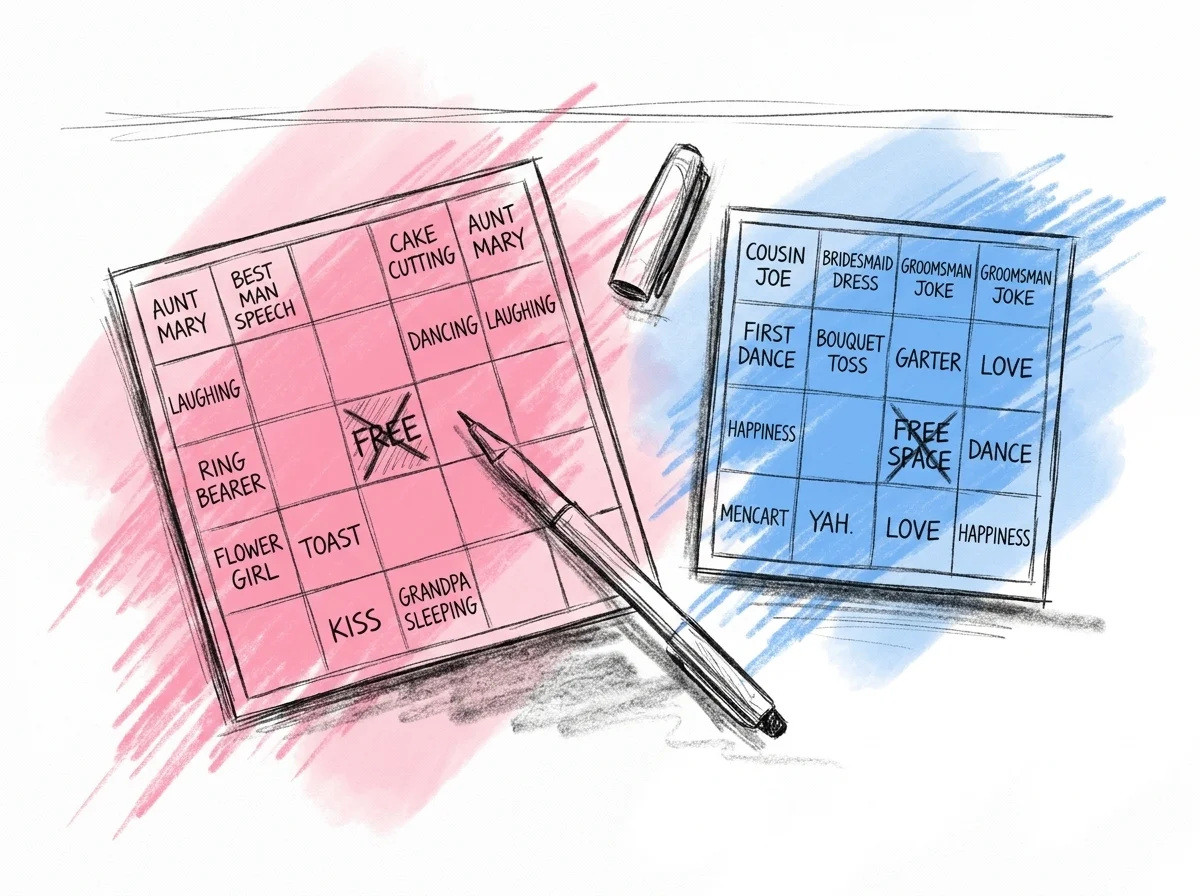 Två bingobrickor i olika storlek liggandes bredvid varandra på ett bord, delvis ifyllda med handskrivna namn och en markerad fri mittenruta, med en penna vilandes över den ena, i Lovios rosa och blå illustrationsstil