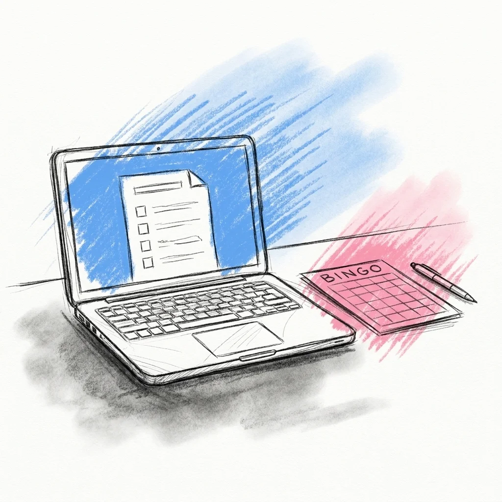 Laptop som visar ett redigerat dokument med rutbank och namnfält, bredvid en nyutskriven bingobricka och en penna på ett skrivbord, i Lovios rosa och blå illustrationsstil