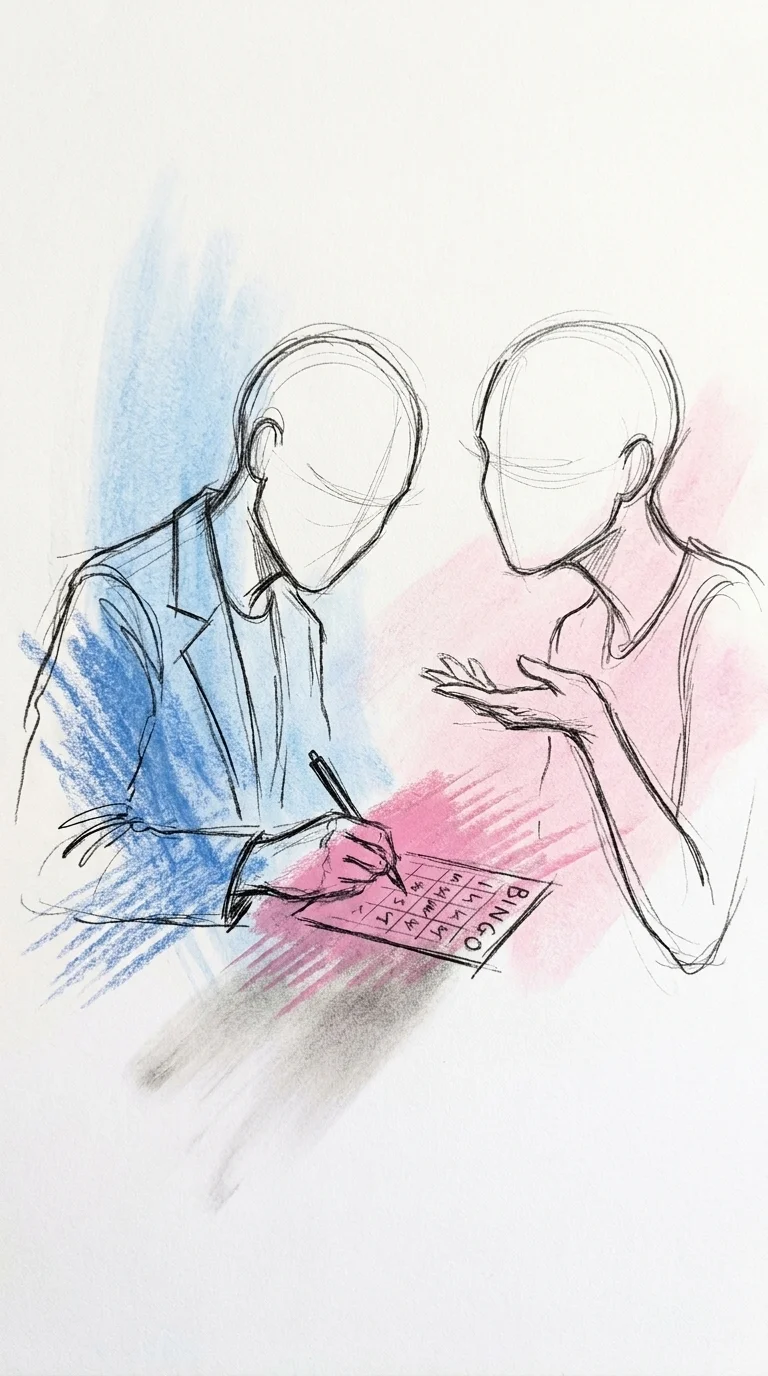 Närbild på två gäster i samtal där den ena lutar sig fram och frågar medan den andra svarar, med en bingobricka och penna synlig i handen mitt i att skriva ett namn, i Lovios rosa och blå illustrationsstil