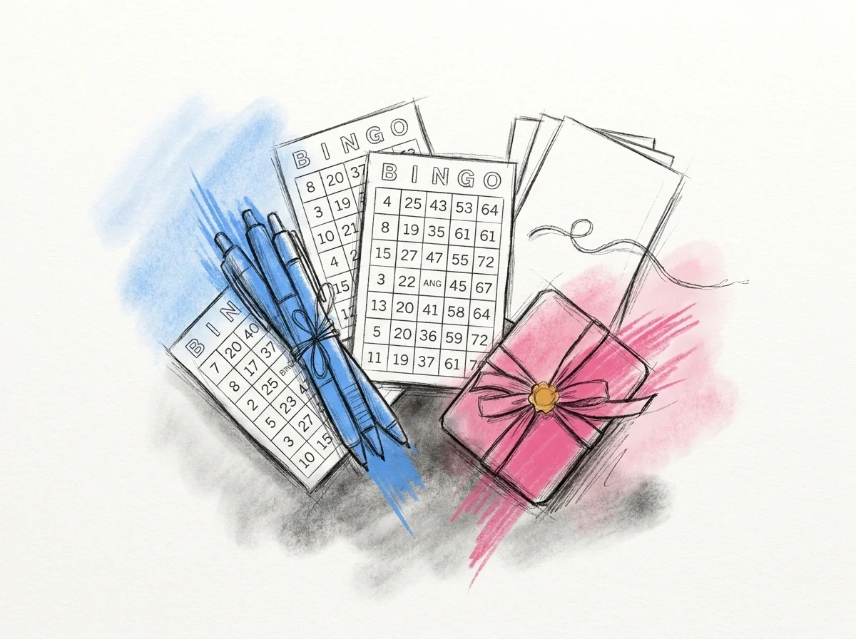 Flatlay med utskrivna bingobrickor, pennor knutna med snöre, ett litet inslaget pris och en trave extra pappersbrickor, i Lovios rosa och blå illustrationsstil
