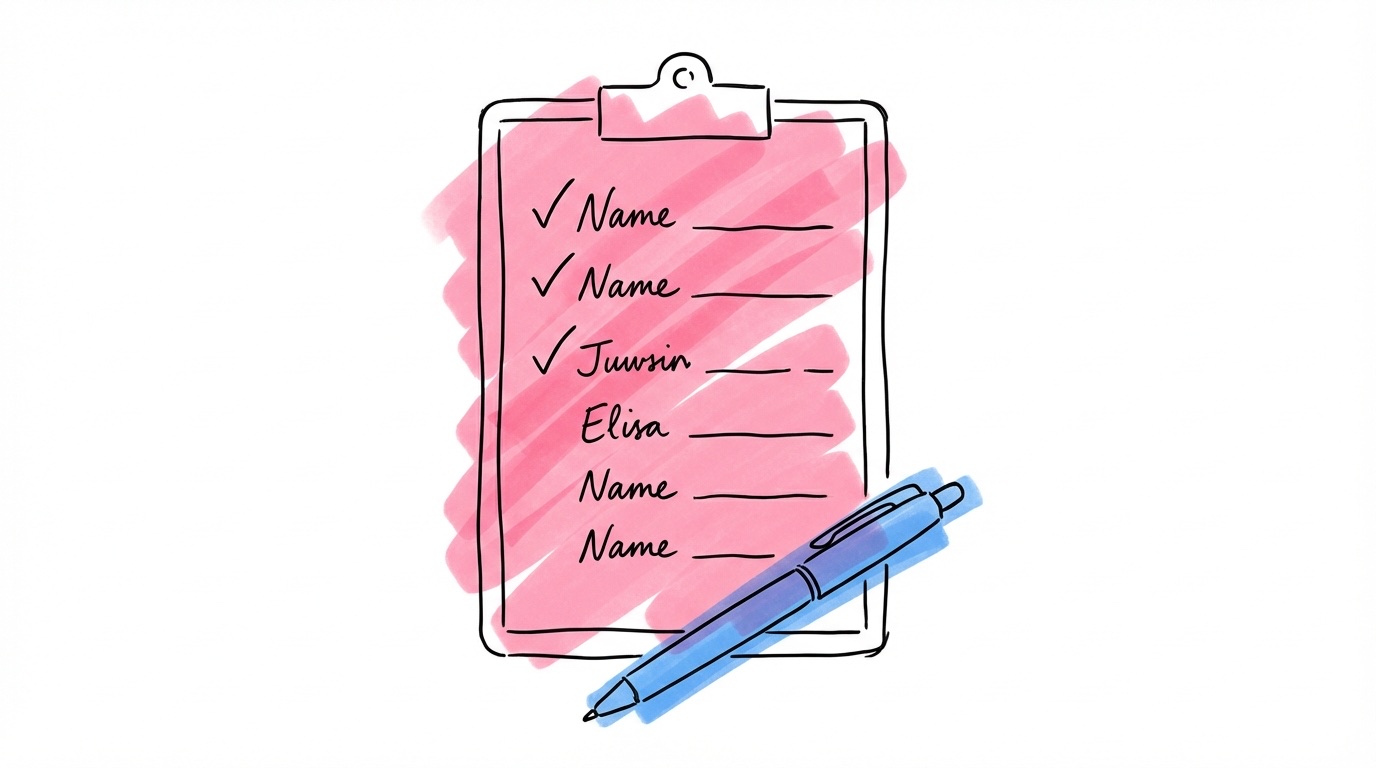 Clipboard med gästlista och penna — planera förlovningsfestens gästlista