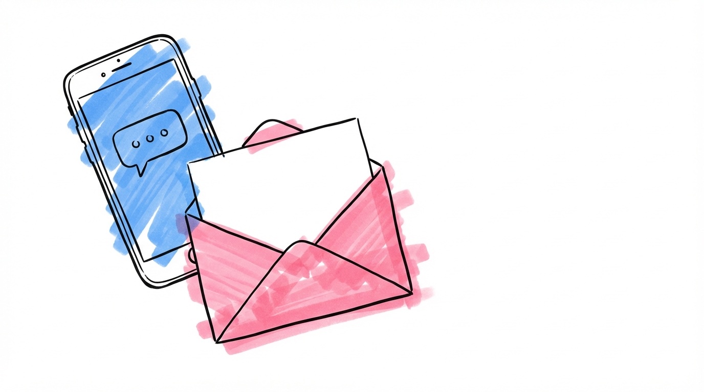 Smartphone med meddelande bredvid ett kuvert — digitala och fysiska inbjudningar