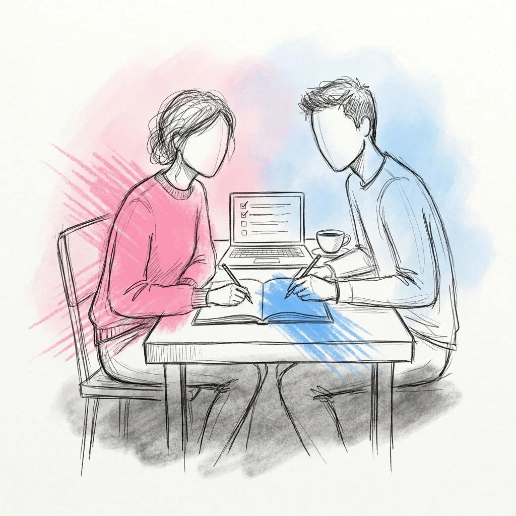 Par som sitter sida vid sida vid ett bord och skriver i en gemensam anteckningsbok med en laptop framme, i Lovios rosa och blå illustrationsstil