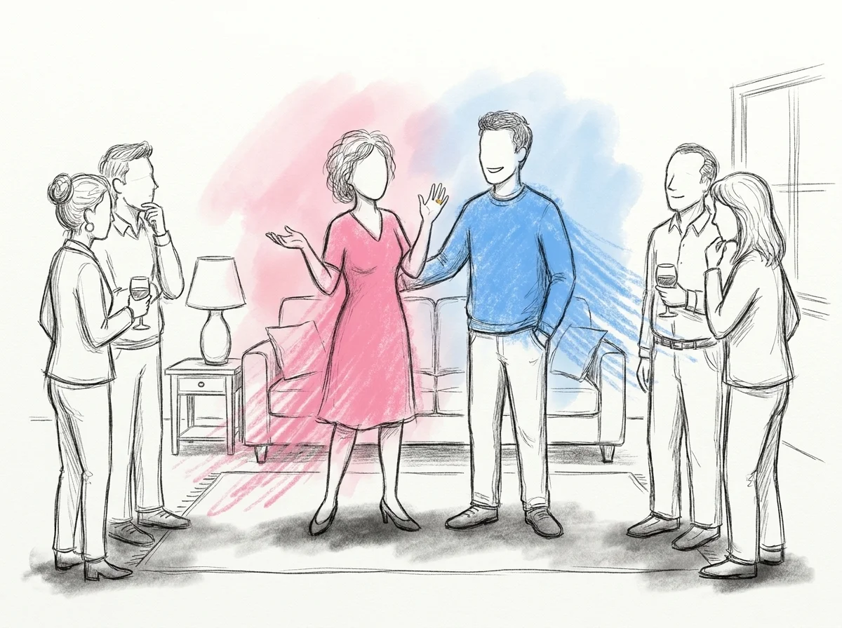 Par som berättar sin frieriberättelse för en liten grupp gäster i ett vardagsrum, i Lovios rosa och blå illustrationsstil