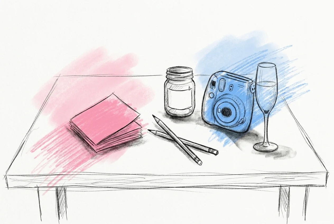 Plant lay med polaroidkamera, papper, pennor och en glasburk — enkla material för förlovningsfest lekar, i Lovios rosa och blå illustrationsstil