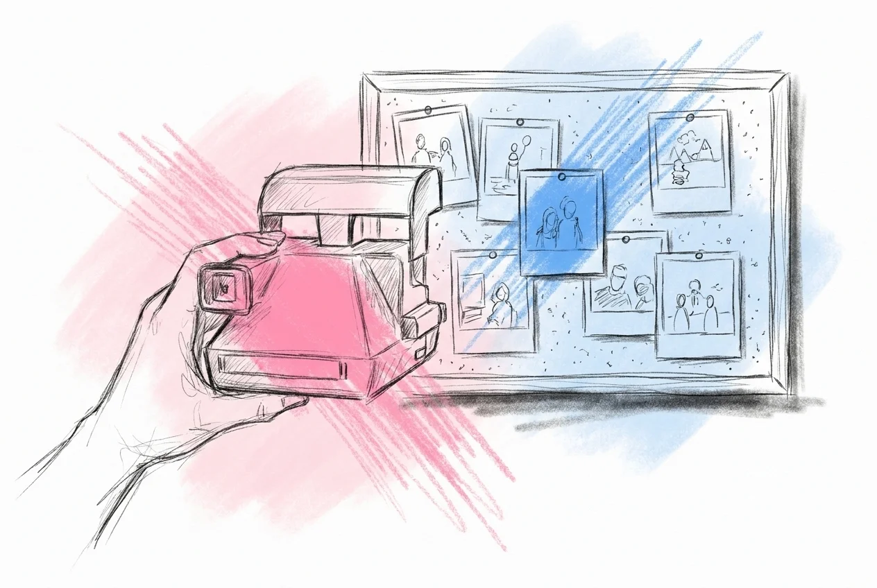 Hand som håller en polaroidkamera framför en korkbräda med utvecklade polaroidbilder fästa, i Lovios rosa och blå illustrationsstil