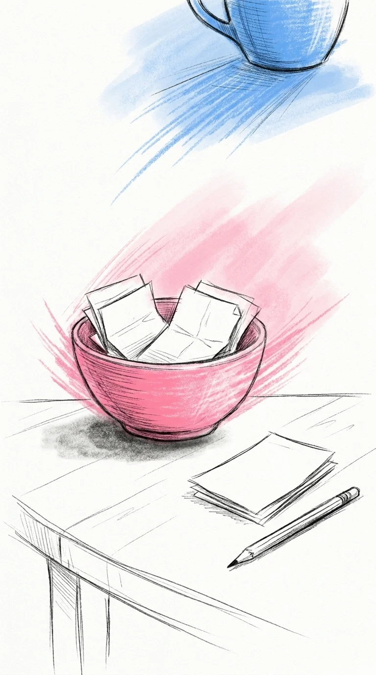 Skål med vikta lappar och en kaffekopp bredvid — anonyma råd från gästerna att läsa morgonen efter, i Lovios rosa och blå illustrationsstil