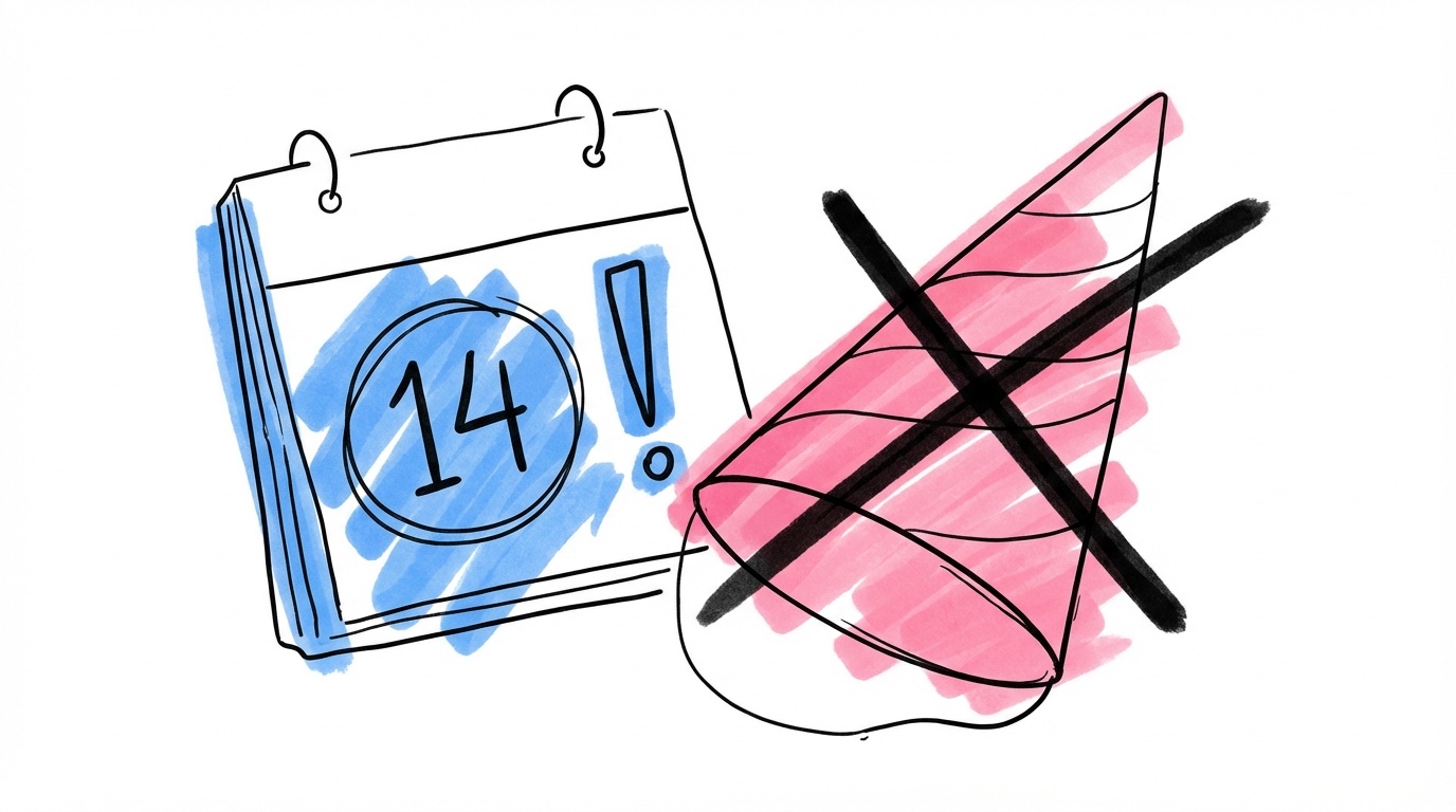 Kalender med markerat datum och överkorsad partyhatt — vanliga misstag vid förlovningsfest