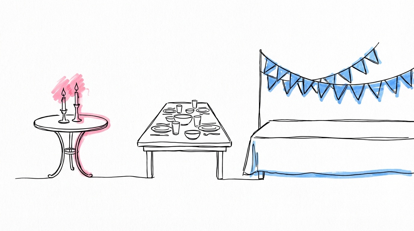 Tre bordsdukningar i stigande skala — intim middag, mingelfest och stort kalas