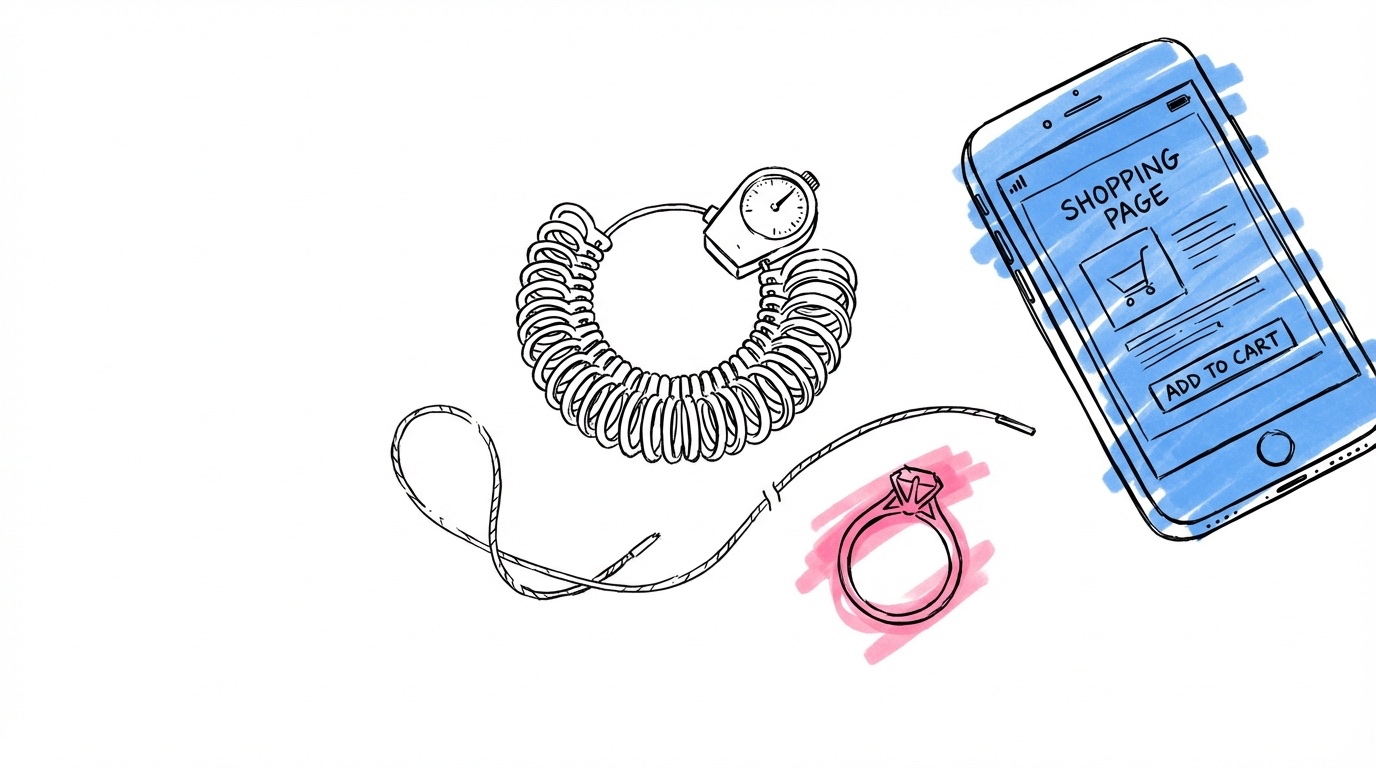 Ringstorleksmätare, måttband och en förlovningsring visade tillsammans — praktiska verktyg för ringköpet