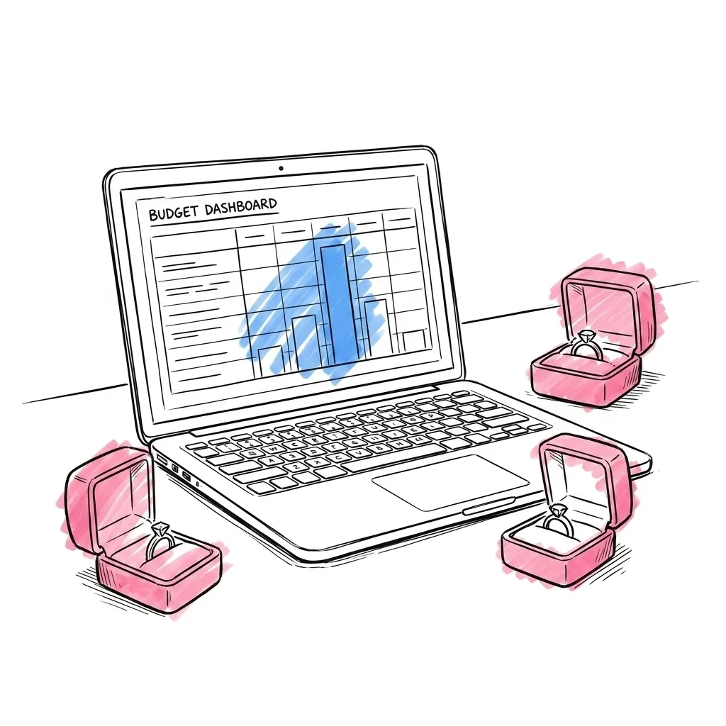 En öppen laptop som visar en enkel budgetdashboard med ett litet diagram, en öppen ringask med en ring vilar på ytan bredvid laptopen i Lovios illustrationsstil