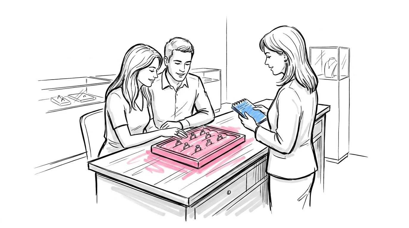 Ett par sitter vid en juvelerardisk och tittar tillsammans på en bricka med förlovningsringar i Lovios rosa och blå illustrationsstil