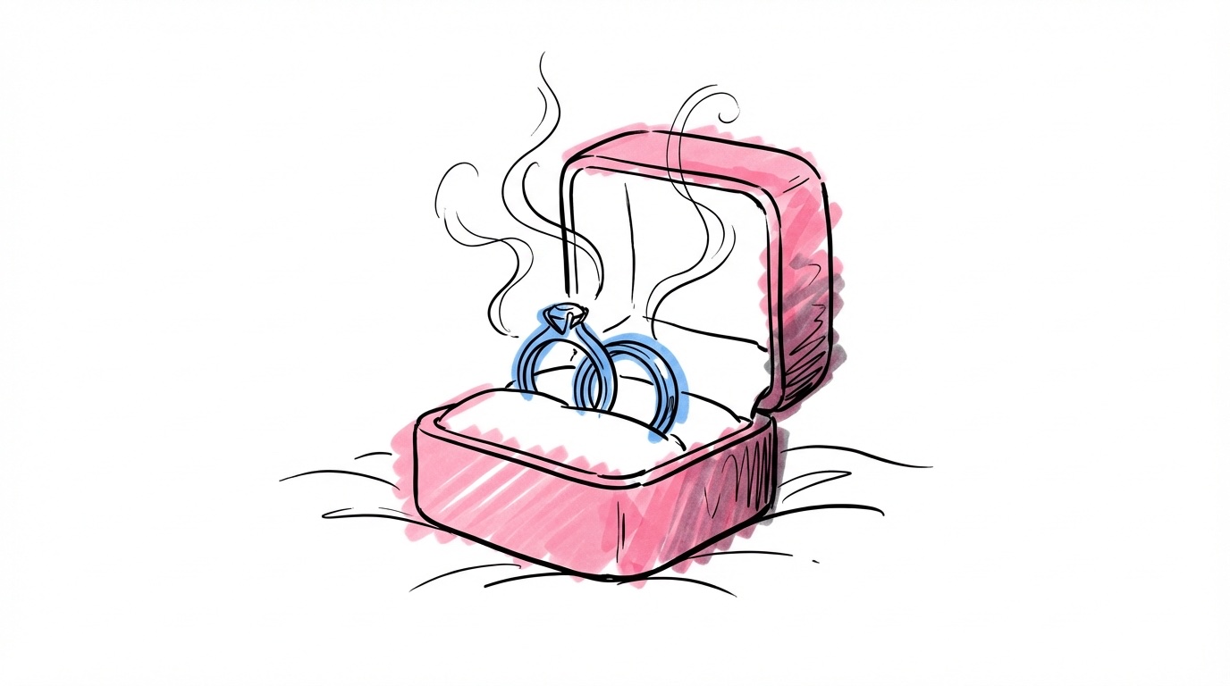 Två eleganta förlovningsringar på en sammetsdyna — det första stora köpet som par inför bröllopet