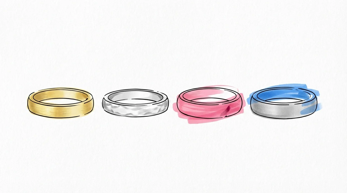 Fyra ringband i olika metaller sida vid sida — gult guld, vitguld, roséguld och platina