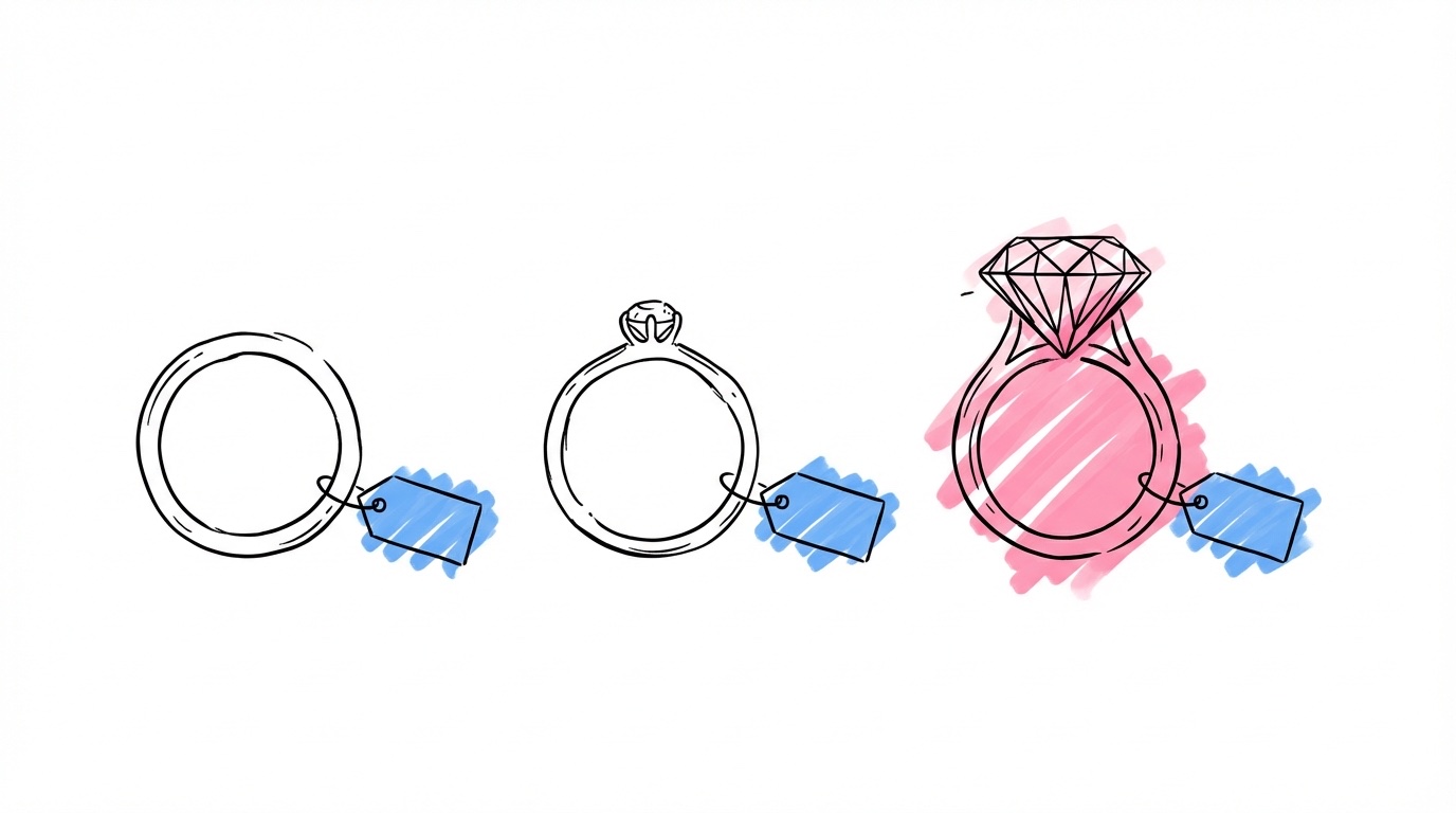 Tre förlovningsringar i olika prisklasser — slätring, ring med liten sten och ring med framträdande diamant