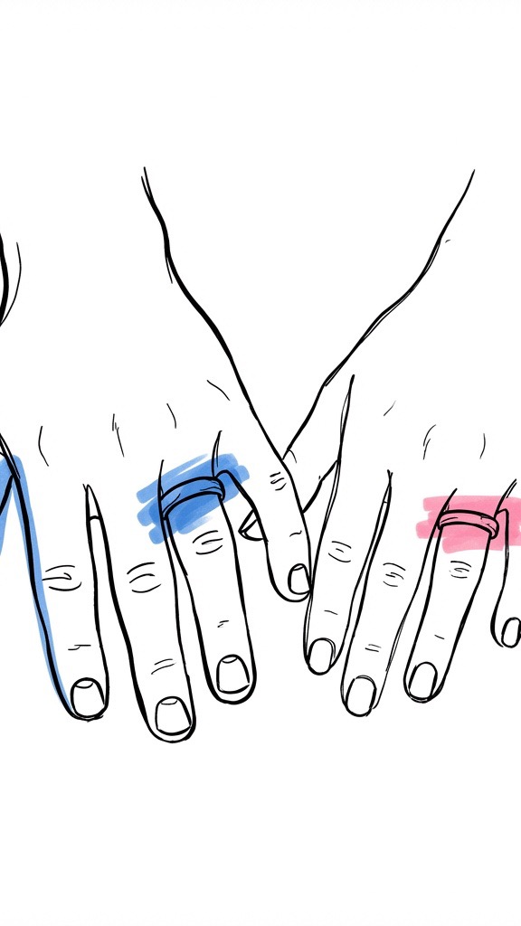 Två händer — en maskulin, en feminin — båda med matchande förlovningsringar, varmt och intimt