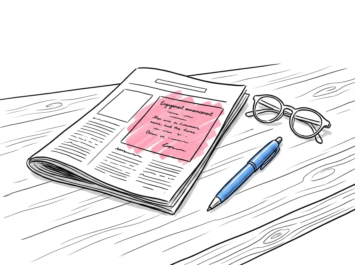 Uppvikt tidning öppen på en sida med annonser, en penna bredvid, ett par läsglasögon i närheten