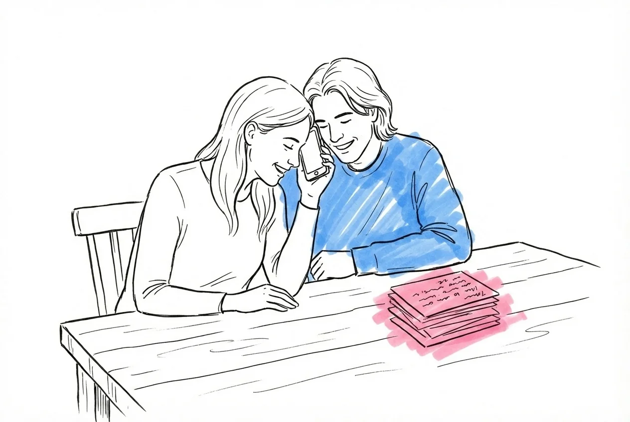 Par som ringer ett telefonsamtal tillsammans, en håller telefonen medan den andra lutar sig nära, båda strålar av glädje, handskrivna kort bredvid