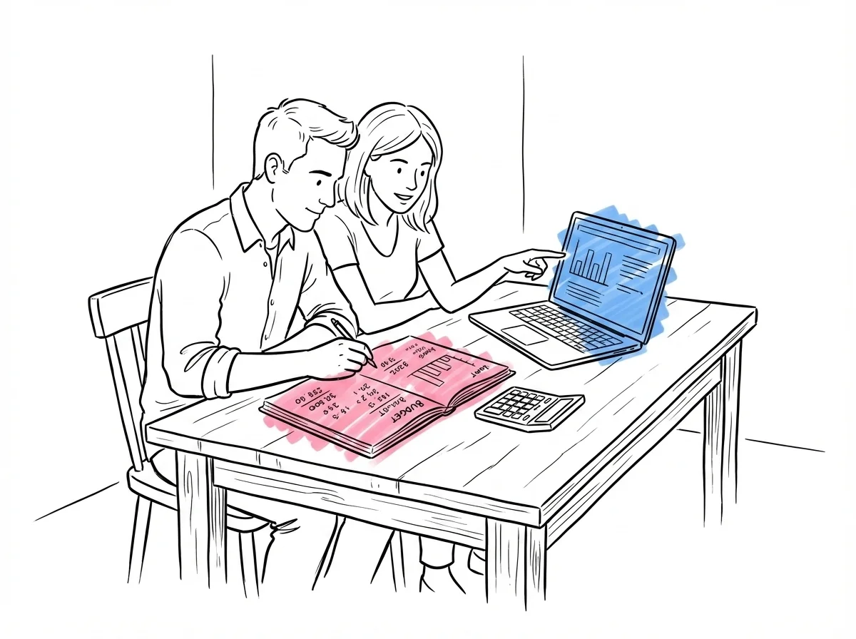 Par vid ett köksbord med anteckningsblock, miniräknare och öppen laptop, en person skriver ner siffror medan den andra pekar på skärmen