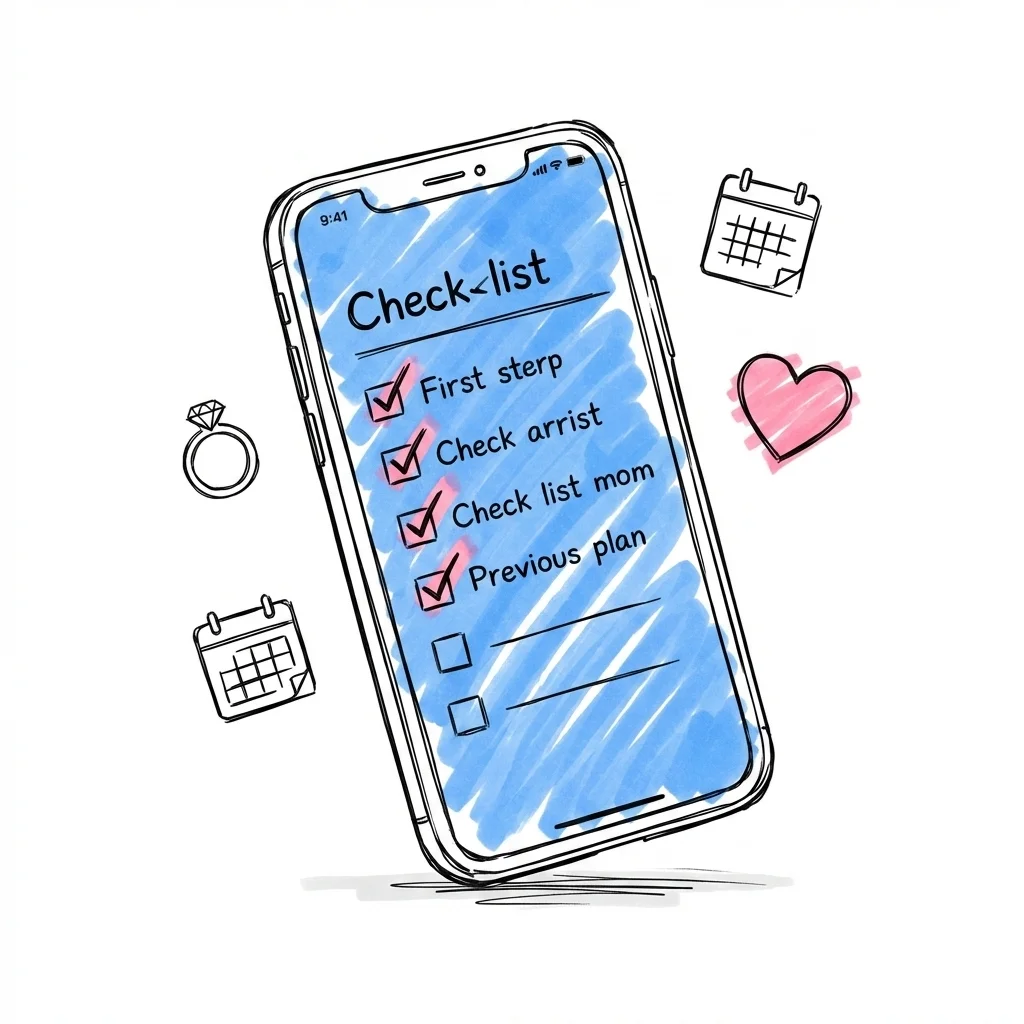 Telefonskärm med en checklisteapp där några punkter är avprickade, omgiven av små bröllopsrelaterade ikoner — en ring, en kalender, ett hjärta