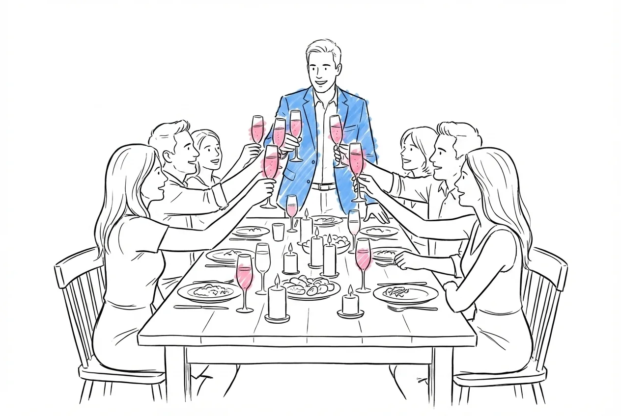 Liten middagsbjudning runt ett bord med champagneglas höjda i en skål, sex till åtta personer i avslappnade poser, levande ljus på bordet