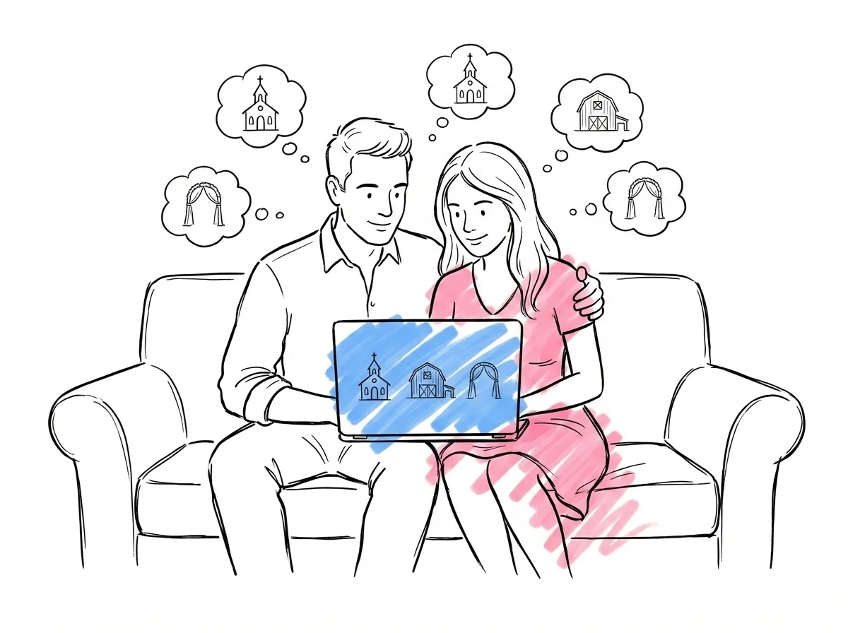 Par i en soffa med en laptop mellan sig, surfar på bilder, små tankebubblor runtomkring med olika platser — kyrka, lada, utomhusmiljö