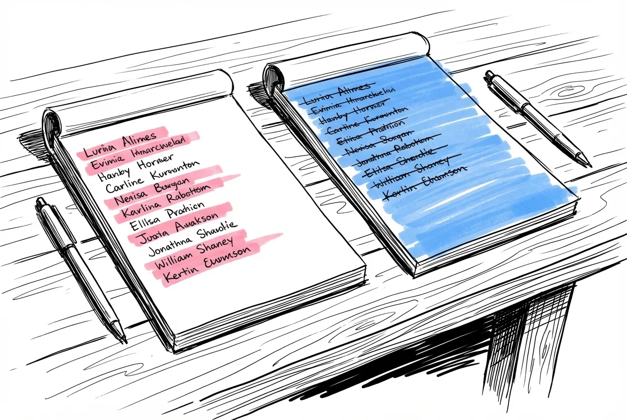 Två anteckningsblock sida vid sida på ett bord, vardera med en handskriven namnlista, några namn markerade eller överstrukna, två pennor