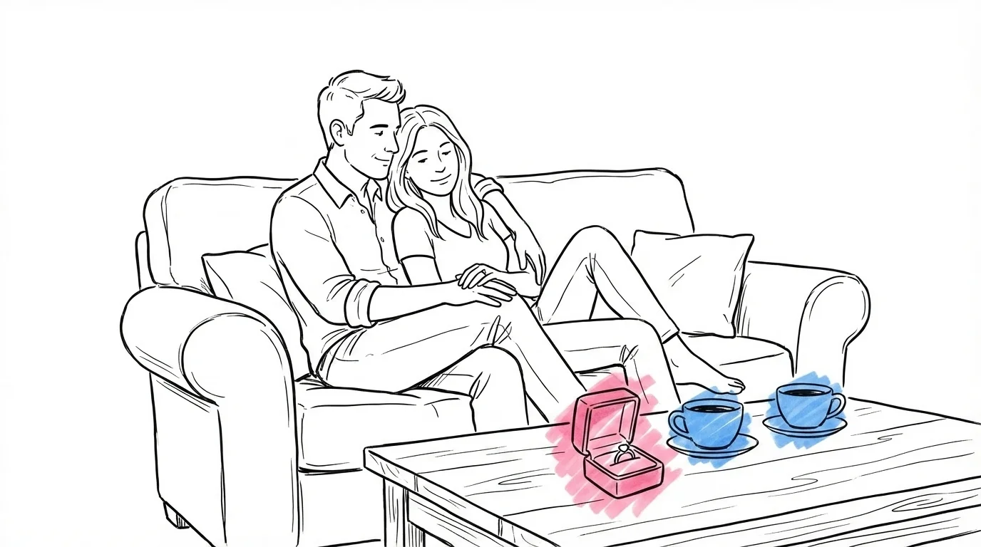 Par sitter tillsammans i en soffa, avslappnade och lyckliga, en ringask och två kaffekoppar på bordet framför dem