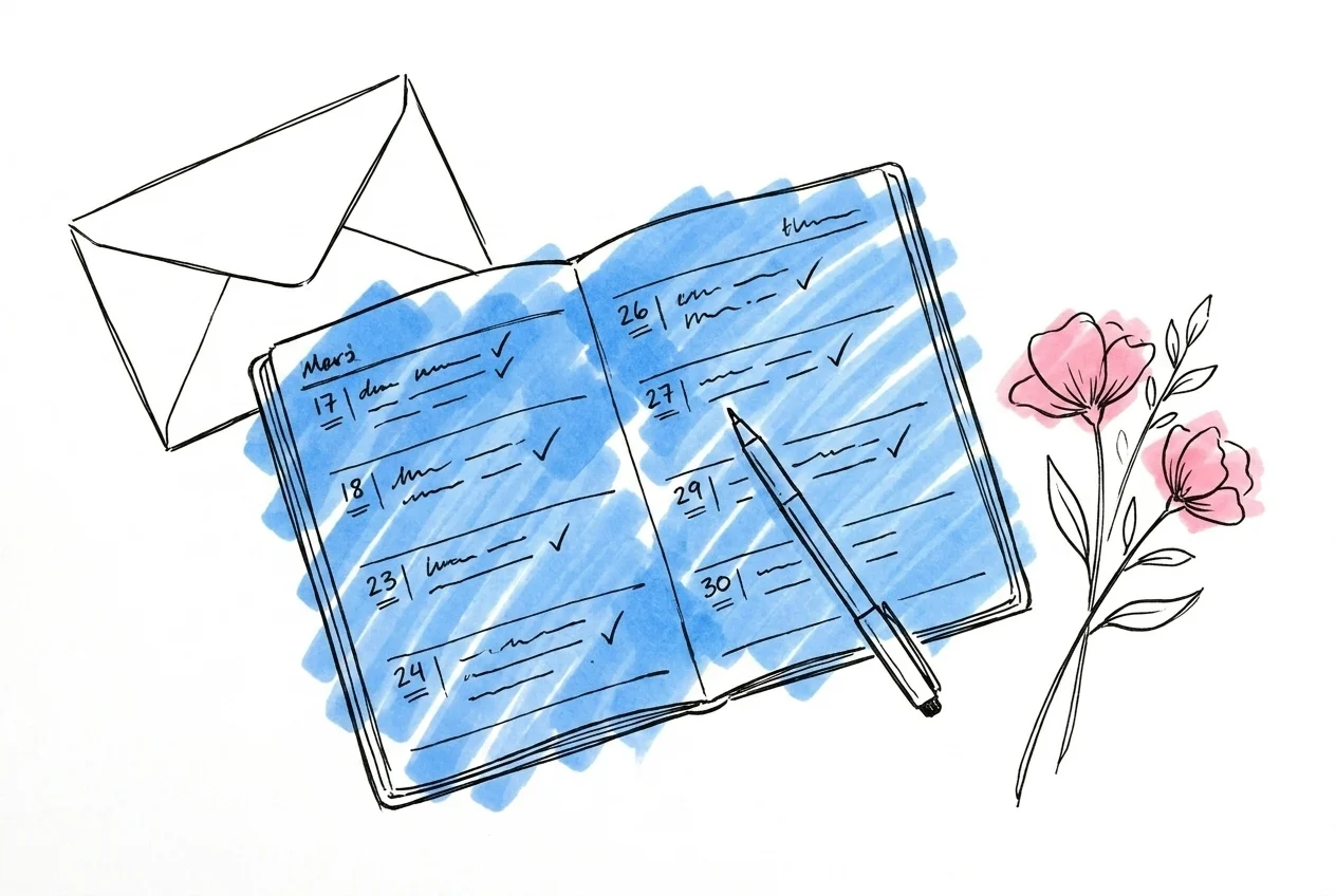 Öppen planerare på skrivbord med handskrivna anteckningar och bockmarkeringar, kuvert, penna och blomkvist