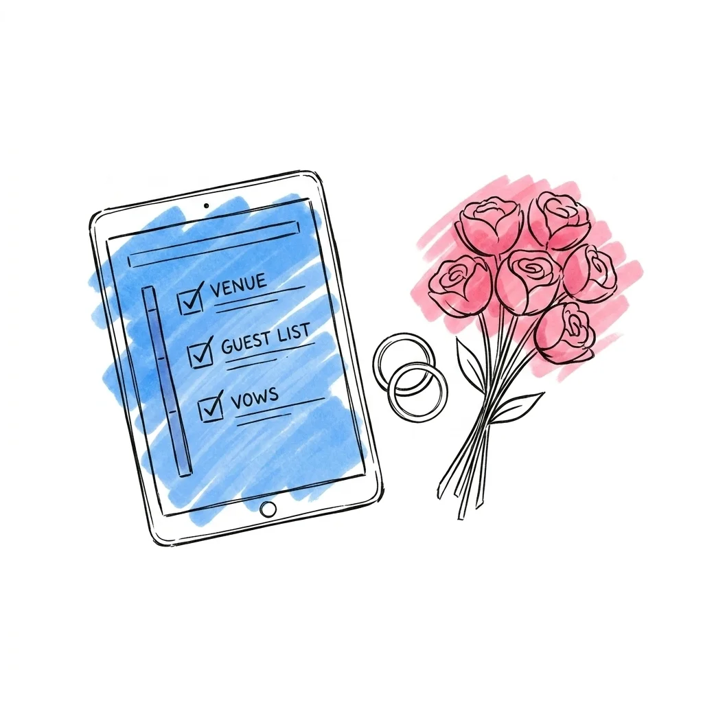 Surfplatta med planeringsvy och tidslinje, vigselringar och liten bukett bredvid