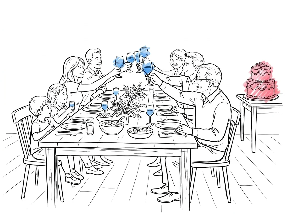 Festligt dukat middagsbord med dekorerad tårta på sidobord, silverdetaljer, glas lyfta i skål, flergenerationellt sällskap