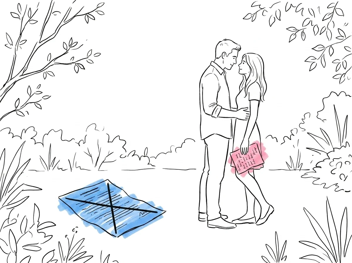 Par i skogsglänta utan altar eller officiant, en håller en handskriven lapp, överstrykt dokument åt sidan