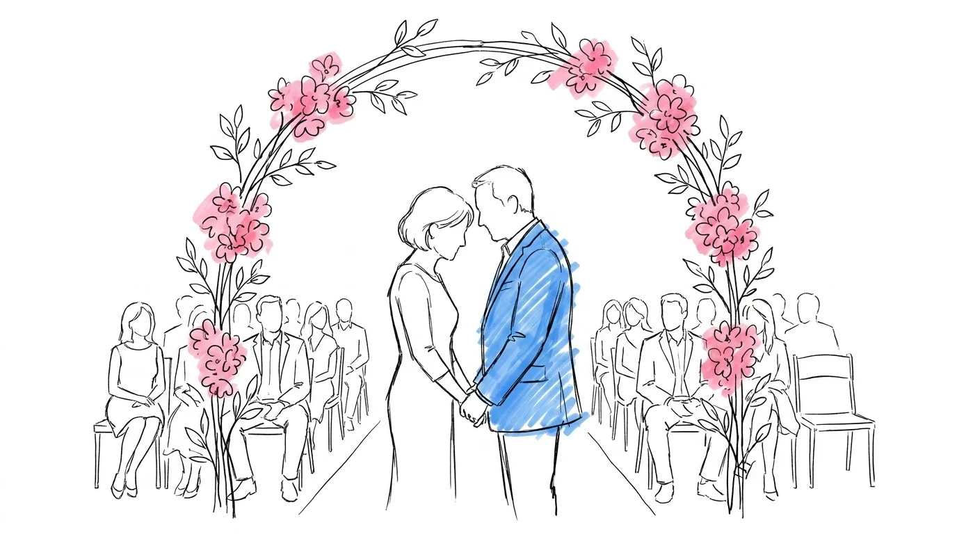 Moget par som står ansikte mot ansikte och håller varandras händer under enkel blomsterbåge, ett fåtal sittande gäster i bakgrunden