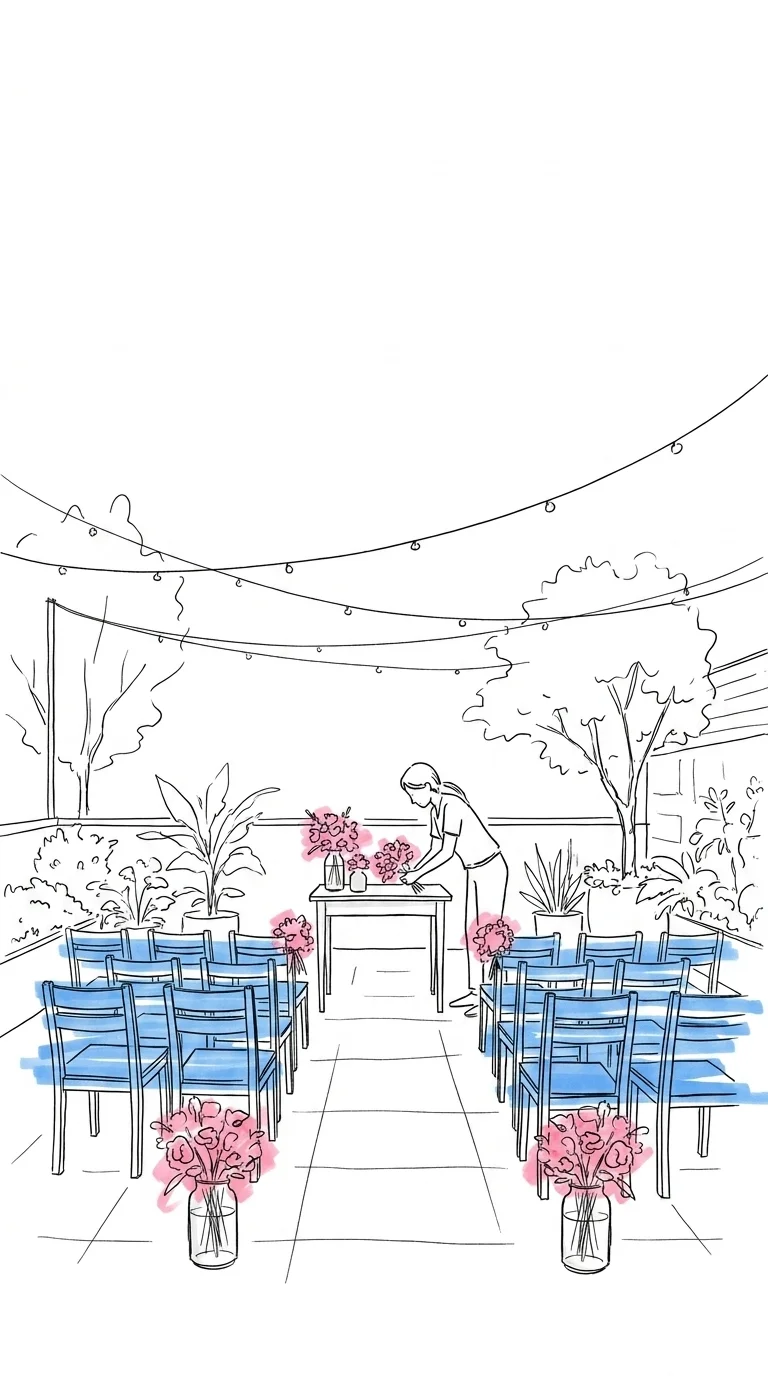 Vardagsrum eller trädgårdsterrass förberedd för liten ceremoni — stolar i rader, enkla blomsterarrangemang, ljusslingor