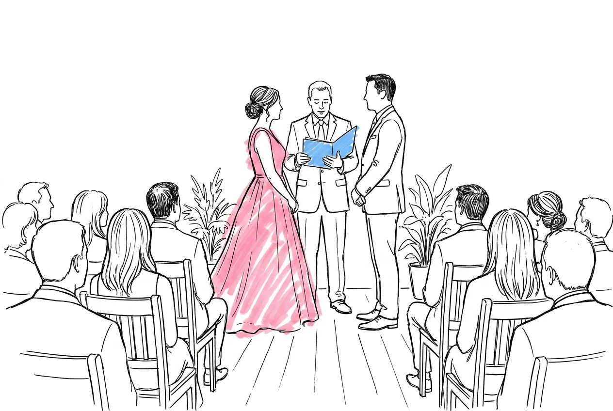 Ceremoni pågår sedd från gästernas perspektiv — par längst fram, officiant läser från papper, sittande gäster