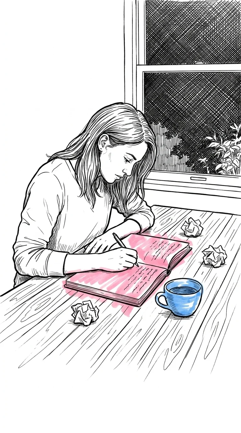 Person vid köksbord sent på kvällen skriver i anteckningsbok, kaffekopp bredvid, ihopskrynklade pappersbollar, mörk kvällshimmel genom fönstret