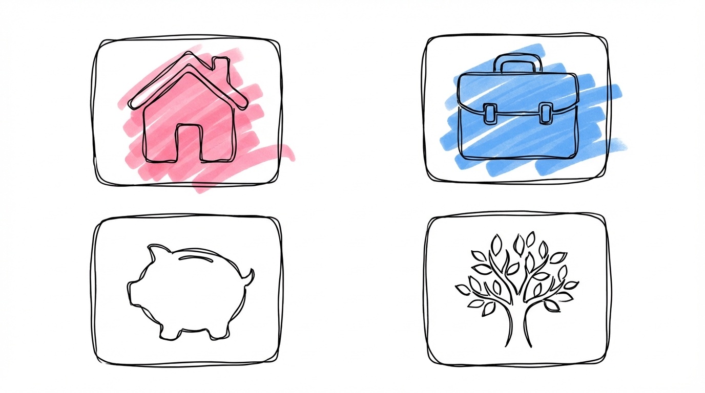 Ikoner som representerar bostad, företag, sparande och familjeträd