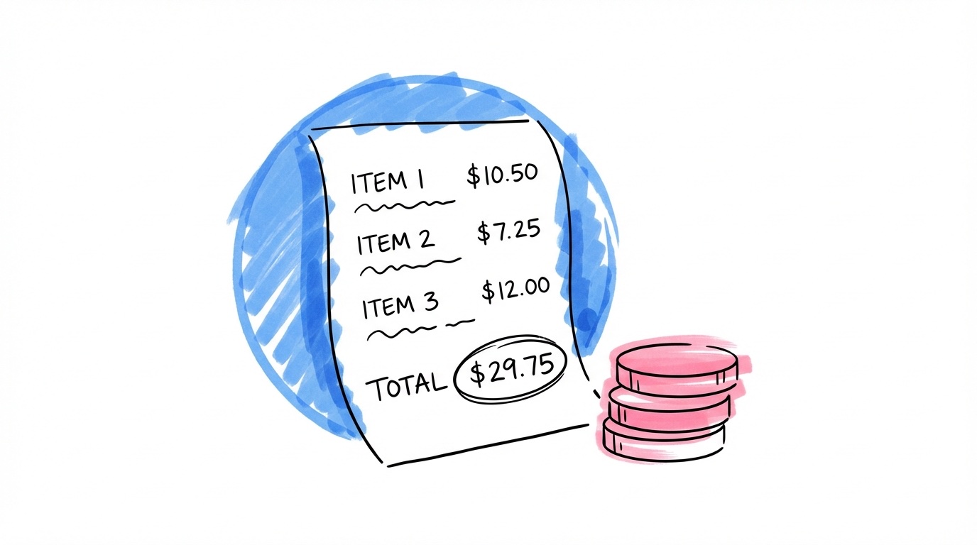 Kvitto med rader och mynt bredvid