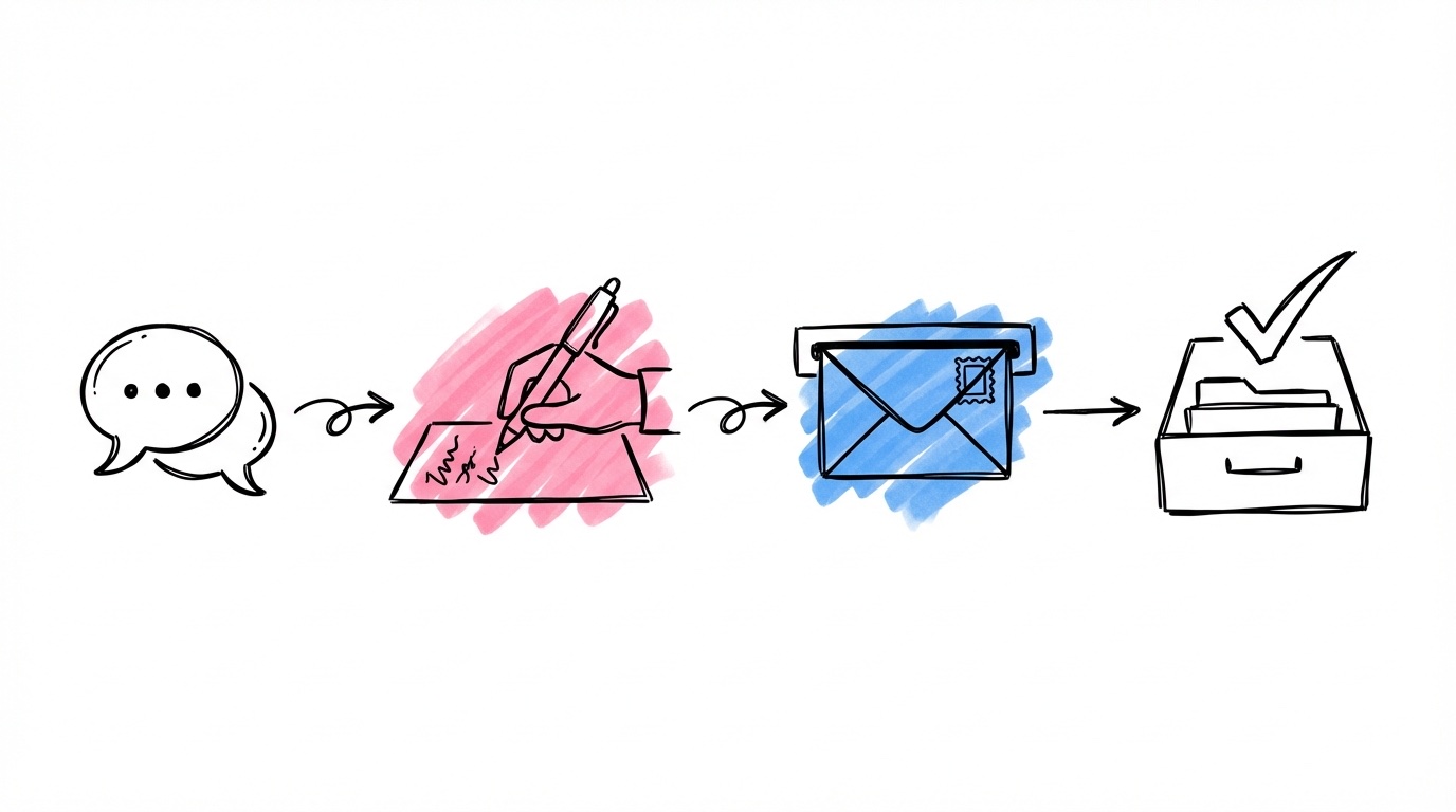 Fyrstegsflöde med ikoner: samtal, skrivande, postlåda, arkivskåp