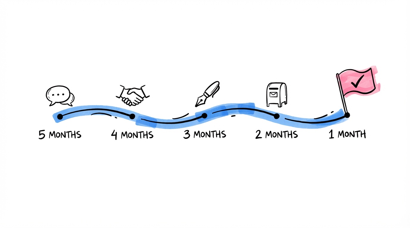 Horisontell tidslinje med milstolpar mot bröllopsdatum